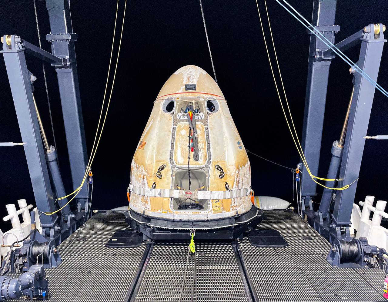 After its successful parachute-assisted splashdown off the coast of Tallahassee, Florida, at 11:29 p.m. EST on July 9, 2021, the cargo Dragon spacecraft was loaded aboard SpaceX’s Go Navigator recovery ship. The SpaceX cargo Dragon returned more than 5,300 pounds of scientific experiments and other cargo from the International Space Station on SpaceX’s 22nd commercial resupply services mission. Splashing down off the coast of Florida enables quick transportation of the science aboard the capsule to NASA Kennedy Space Center’s Space Station Processing Facility, delivering some science back into the hands of the researchers as soon as four to nine hours after splashdown. This shorter transportation timeframe allows researchers to collect data with minimal loss of microgravity effects. 